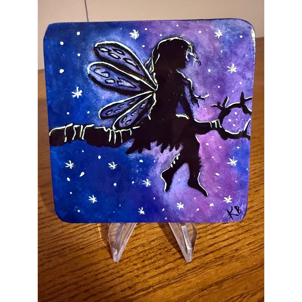 Hand Painted Fairy Silhouette Galaxy Night Sky Santorini stone Signed KB 2025